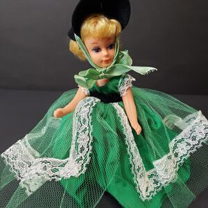 Vintage 1960s "Scarlett" Style Clone Doll 6" Made in Hong Kong Green Dress